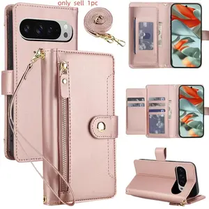 Crossbody Zipper Leather Wallet Flip Case For Google Pixel 10/10 Pro 8 8Pro 9A 9 Luxury RFID Stand Book Long Lanyard Bag Cover