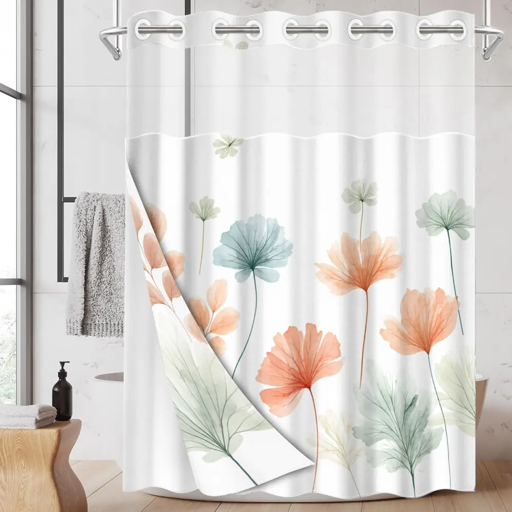 1pc hookless Aesthetic shower curtain with buckle lining, pink and blue floral and butterfly design, 2D flat printing, fabric waterproof lining, see-through double-layer shower curtain, 71 x 74 inches, modern draping curtain, Bathroom Shower Curtains