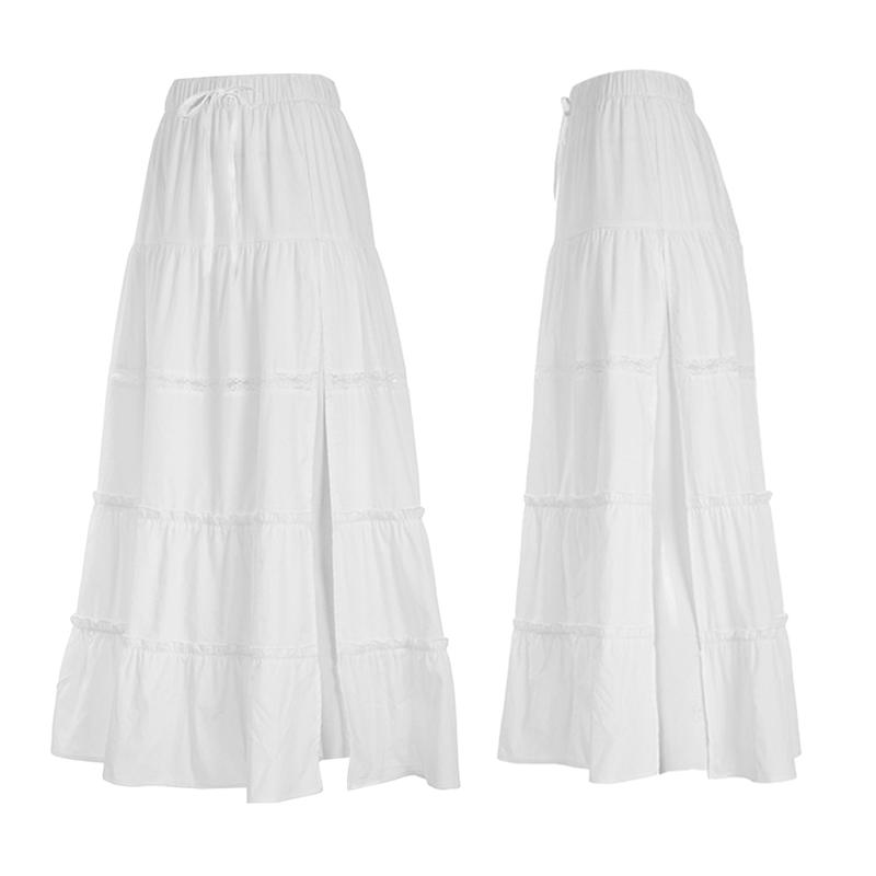 Women's White Tiered Long Skirts Drawstring Elastic Waist Solid Color Ruched Midi Skirts Side Split Fitted Cotton Fabric Basic Chic Style