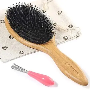 BESTOOL Hair Brush – Boar Bristle Hair Brushes, Natural Bamboo Wooden Cushion Massage, Anti-Static, Large Paddle Hairbrush for Women, Men, and Kids (Round)