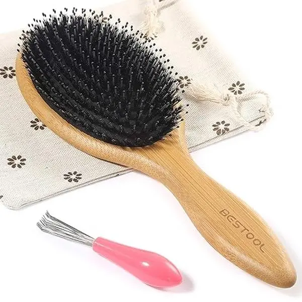 BESTOOL Hair Brush – Boar Bristle Hair Brushes, Natural Bamboo Wooden Cushion Massage, Anti-Static, Large Paddle Hairbrush for Women, Men, and Kids (Round)