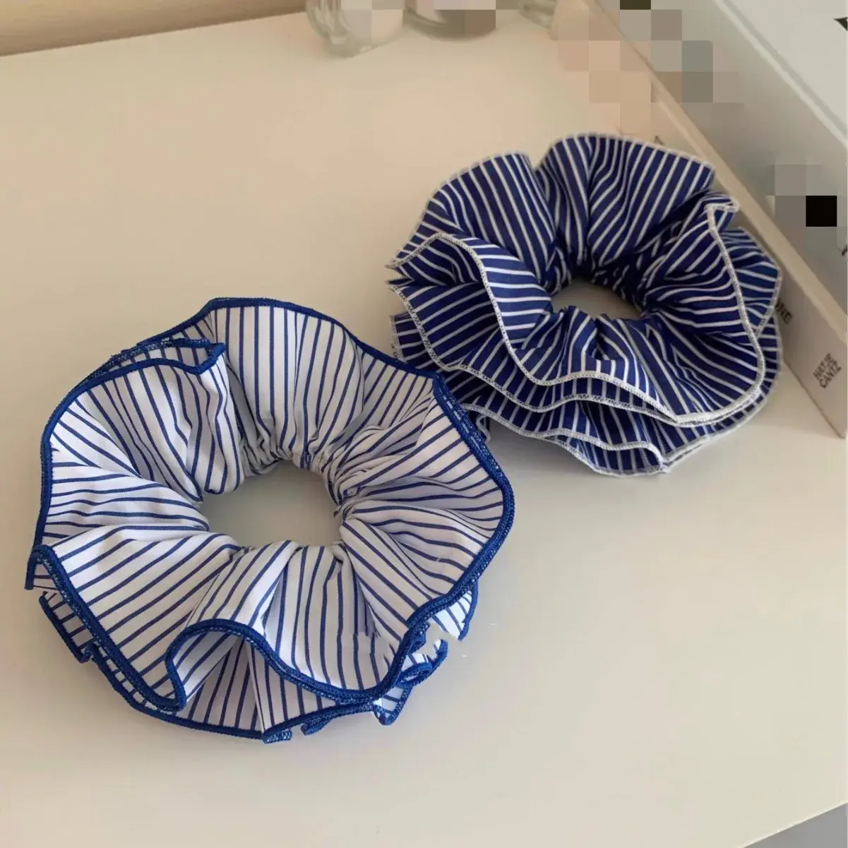 Cute Woman Large Hair Scrunchie Blue Black White Coffee Stripe Elastic Hair Tie Ponytail Lattice Hair Accessories for Women