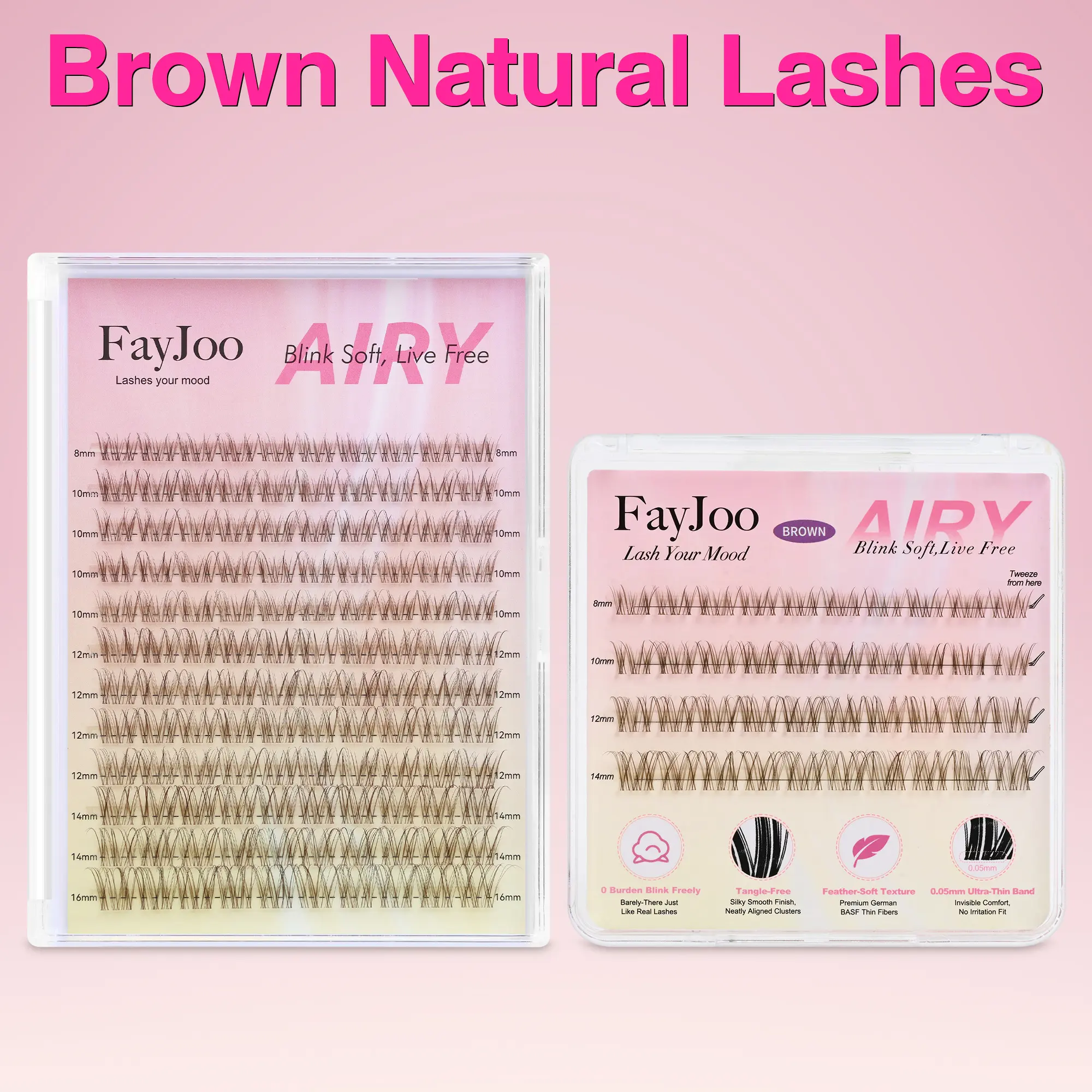 FayJoo Brown Natural Lash Clusters - 0.05mm Thin Invisible Band, Soft Wispy C-Curl Eyelash Extensions, 8-16mm DIY Salon-Effect Lightweight False Lashes for Daily Wear Makeup, Eyelashes Extensions