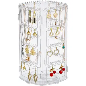 360° Rotating Jewellery Stand Organiser, Clear Display Earring Holder, 4 Tiers Jewellery Stand Necklace Stand Jewelry Dangle Earring Necklace Bracelet Display Rack Stand for Storage Himilucky