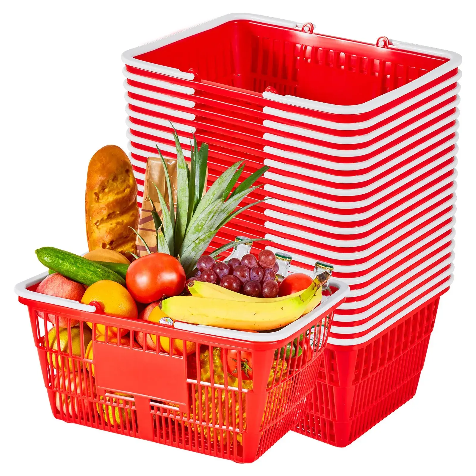 20 PCS Stackable PE Plastic Shopping Baskets, 21L Dense Mesh Grocery Baskets with Handles, 20 lbs Capacity, Portable for Retail Stores, Home Use, Red