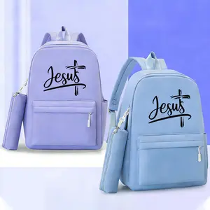 Jesus Letter Pattern Backpack & Pencil Case Set, Large Capacity Commute Backpack, Simple Solid Color with Multiple Colors, Ergonomic Shoulder Straps