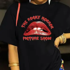 Rocky Horror Picture Show Graphic Tee Black Casual Short Sleeve T-Shirt with Red Lips Design Streetwear Perfect for Halloween Fashion Personalized and Trendy Women Tops