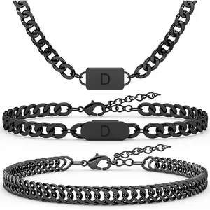 3PCS Initial Letter Cuban Necklace Bracelet, A-Z Letter Pendant Stainless Steel Silver Gold Black Cuban Link Chain for Men Women Jewelry Set for Him Her