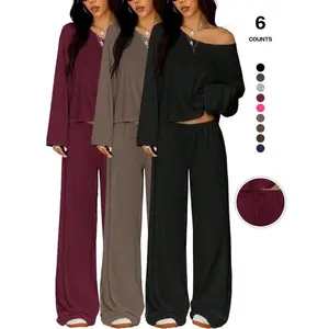 Women's 2-piece casual off shoulder long sleeved top and drawstring wide leg pants casual sportswearRAIMENTRY