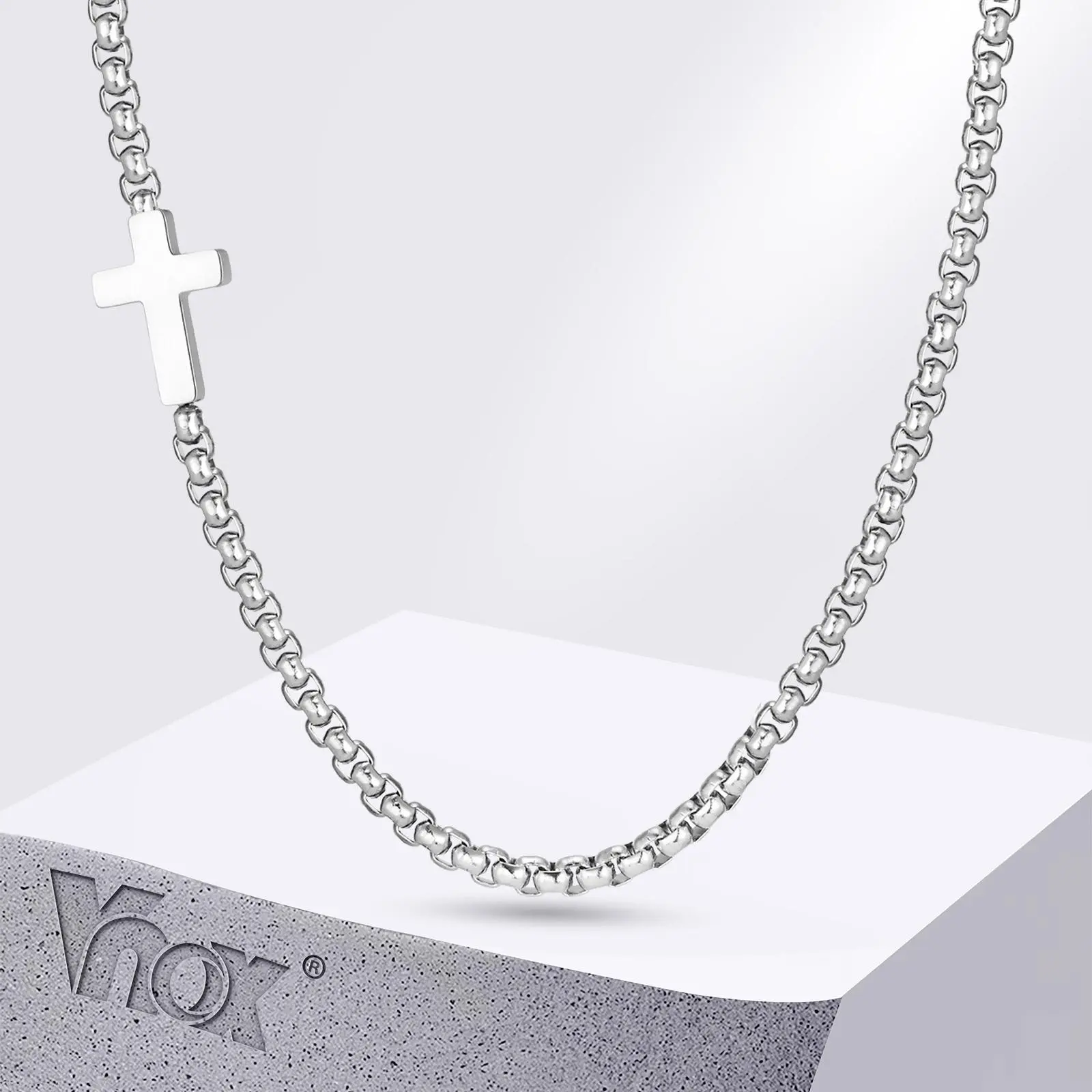 Vnox Stylish Sideway Cross Necklaces for Men Women, Waterproof Box Chain Chokers, Religious Stainless Steel Faith Collar Jewelry