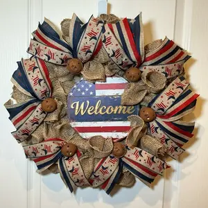 Americana Patriotic Burlap Rustic Wreath