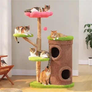 Large Heavy-Duty Forest Cat Tree Furniture with 2 Apartments, Flower Habitat & Jumping Platform, Featuring Natural Solid Wood Scratching Posts, Suitable for Indoor and Outdoor Multi-Cat Homes