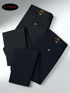 2-Pack Men's Business Straight Leg Pants, Crown Embroidery, High Elasticity, Wrinkle-Resistant, Breathable, All Seasons, Slim Fit