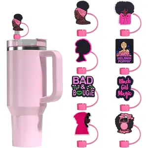 8 count  Black Girl Straw Covers Cap for  Cup, Cute  Straw Topper Compatible with 10mm/0.4in Diameter Straws,  Dust-Proof Tips,  Cup Accessorie