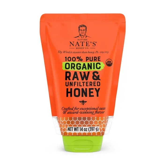 Nature Nate's 100% Pure USDA Organic Raw & Unfiltered Honey, 14 oz. No-Drip Sustainable Squeeze Pouch; Purity Guarantee, No Additives