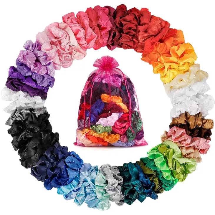 Satin Scrunchies 60 Pack - Silk Hair Scrunchies Bulk Set for Women & Girls with Curly Hair.