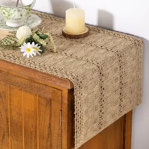 Boho Table Runner Summer Farmhouse Burlap Jute Bamboo Rustic Dining Kitchen Centerpiece Decor Small Macrame Woven Coffee Table Runner for Dresser Scarf Home Decor