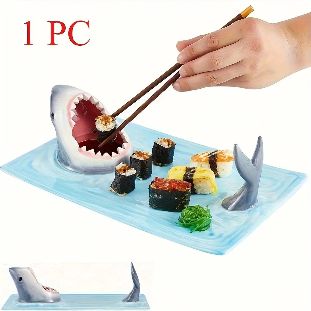 [Ceramic Shark Sushi Plate] Ceramic Shark Sushi Plate 1pc | Cute Japanese Blue Hand Painted, Food Safe, Microwave Safe, Soy Sauce Dumpling Bowl, Chopstick Holder, Large Dinner Party Plates