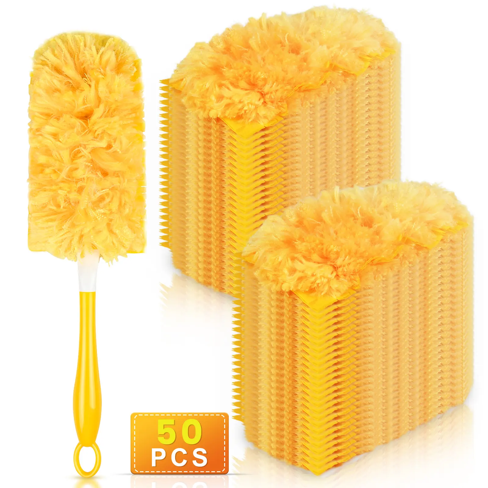 50-Pack 360-Degree Dusting Cloth Refill, compatible with various dusting wands, includes 1 heavy-duty replacement pad with a short handle, disposable microfiber dusting set, suitable for cleaning various surfaces, including blinds and ceiling fans