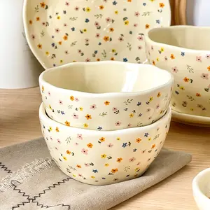 Charming Farmhouse Style Floral Ceramic Bowl-Handmade, Irregular Design, Bright Cream Yellow Finish, Suitable for Salad and Pasta-Microwave Safe, Perfect Home Decoration and Gifts