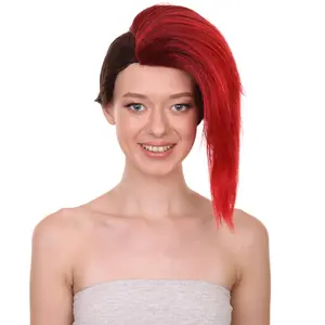 HPO Women's Half-Side Mohawk Wig in Dark Red | Cyber City Premium Halloween Edition | Flame-retardant Synthetic Fiber Hair