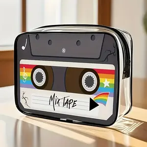 Cassette Tape Design Transparent Travel Toiletry Bag, Makeup Storage Bag, Travel Cosmetic Bags - Durable PVC Zippered Organizer with 'MIXTape' Tape Art, Large Capacity Cosmetic Pouch for Music Fans, Sturdy Construction