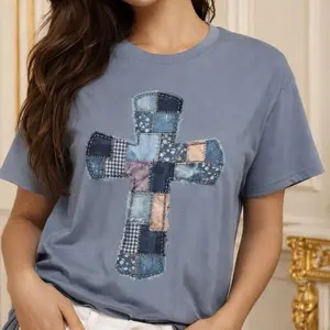Patchwork Cross T-shirt | Denim Blue Quilted Cross Graphic