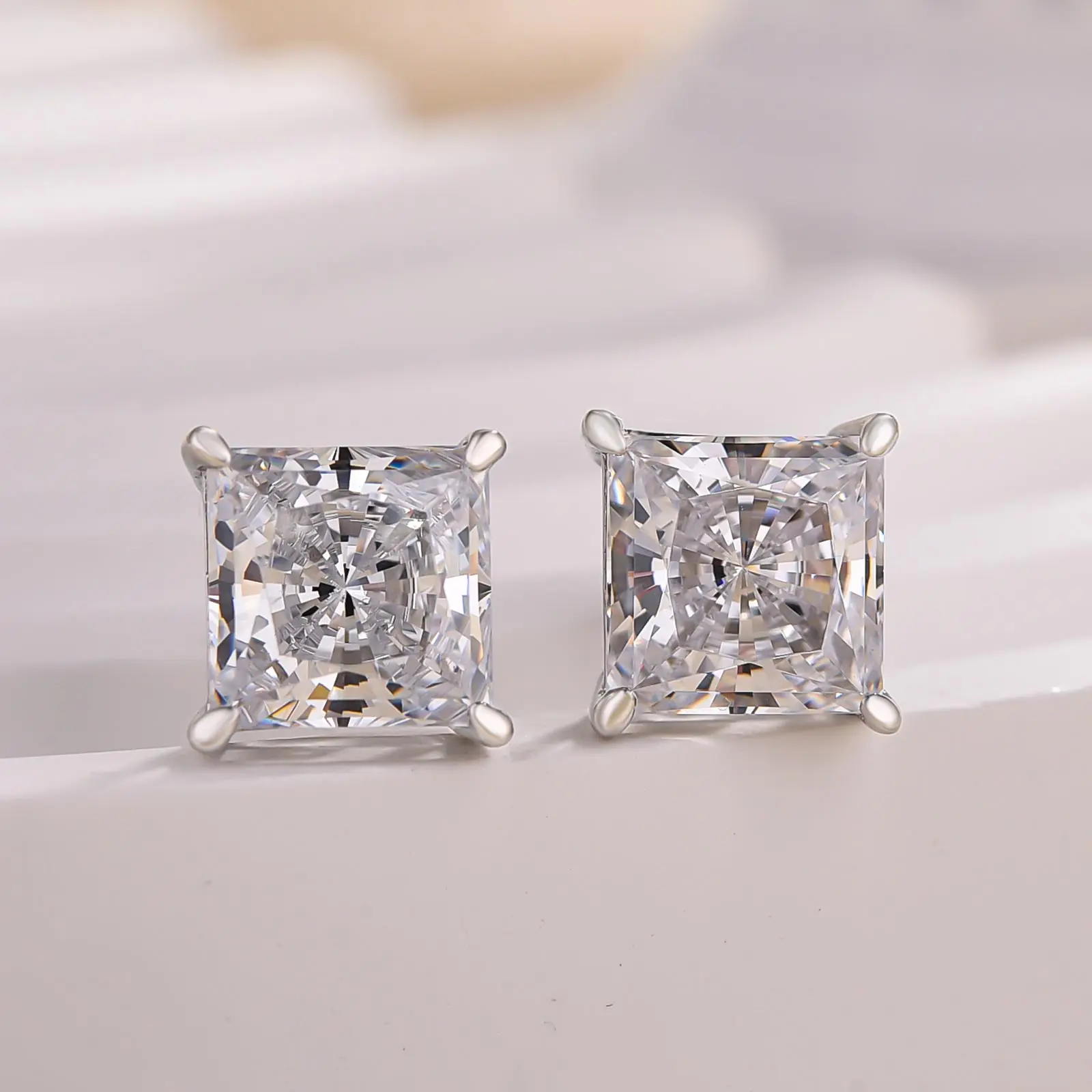 Effinny 2.0ct*2pcs Princess Cut 5A Grade Cubic Zirconia Stud Earrings Set, Silver Earrings for Anniversary, Wedding