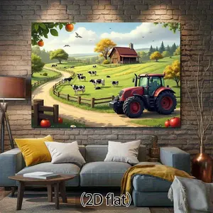 2D Flat, 2D Flat Banner,1pc Farmhouse Landscape Backdrop Featuring Tractor, Cows, Apple Trees for Country-Themed Photography and Events Decor - 279.4x182.88 cm Fabric Background for Rustic and Na