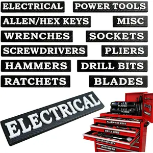 12 count  Toolbox Labels,  Raised Tool Box  Lables, General Toolbox Organize Accessories, Thick Resuable Tags for Steel Toolboxes, Tool Carts & Garage Organization (Black)