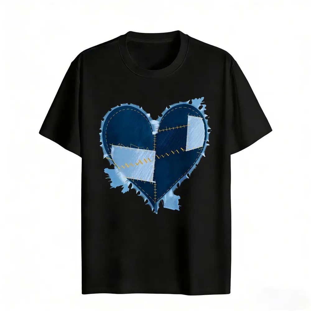 Patchwork Denim Heart Design Women's Graphic Tee Casual Streetwear Cotton Soft Relaxed Fit Crew Neck Short Sleeve Trendy Aesthetic T-Shirt For Spring Summer Daily Wear