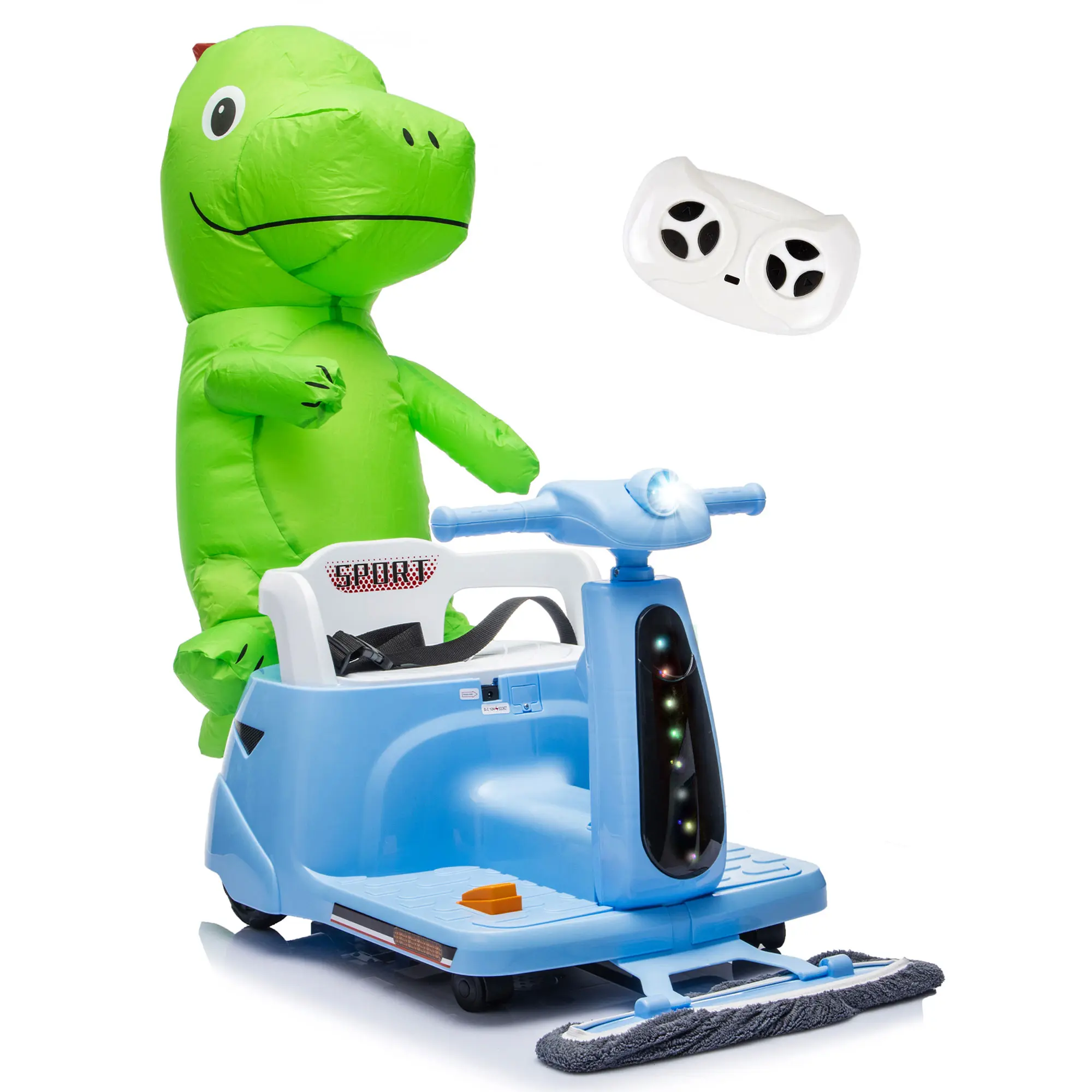 summerwins 12V 2-in-1 Kids Ride-On Electric Cleaning Car for Toddlers 2-4, 2.4G Wireless Remote Control, 360° Spin, Detachable Mop Cloth, Special Wheels, LED Lights, Bluetooth, Music, Indoor Play