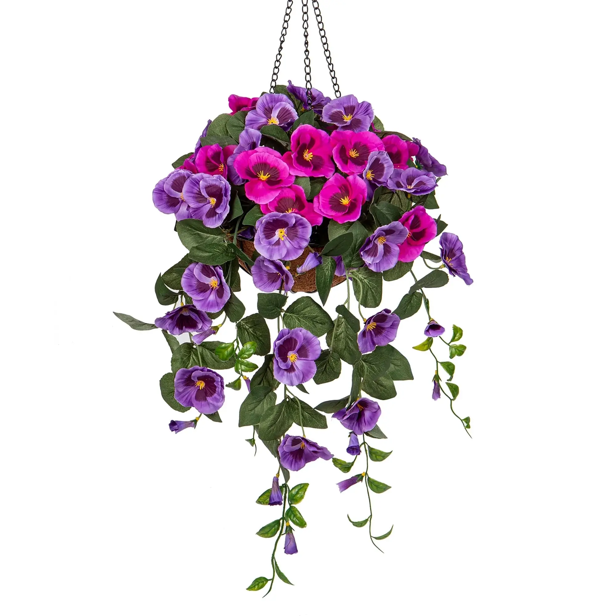 Briful 27.6’’ Fake Flowers Hanging Basket, Pansy Artificial Flowers, Realistic Silk Spring Bloom Faux Flowers, 5.9’’ Coconut Basket, for Home Farmhouse Balcony Outdoor Patio Garden Decor