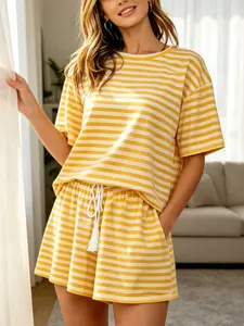 2-Piece Summer Set, Loose Fit Casual Knitwear, Striped Round Neck Short Sleeve, Drawstring Shorts with Fringe, Home Wear & Outdoor Sports