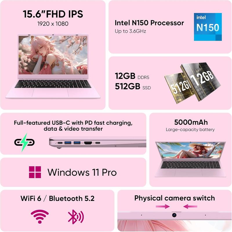 15.6” Pink Laptop Intel N150 4-Core (Beats N95/N100) 12GB DDR5 512GB SSD 1080p IPS WiFi 6 BT5.2 5000mAh Large Capacity Battery Perfect for College & Travel Your Campus Essential