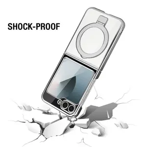 Kik_Crystal Clear Transparent MagSafe Phone Case with Magnetic Ring and Kickstand for Galaxy Z Flip 6 5G (Silver) Accessories Wireless Cellphone Smartphone Shockproof Handheld Protective Cover Button Protection Casing Protector Devices