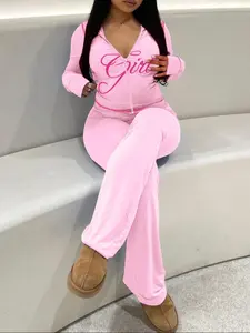 【LovelyWholesale】Women's Casual Sporty Cute Colorblock Print Zipper Design Top Flared Long Pants Set, Lovely Wholesale Us Fashion