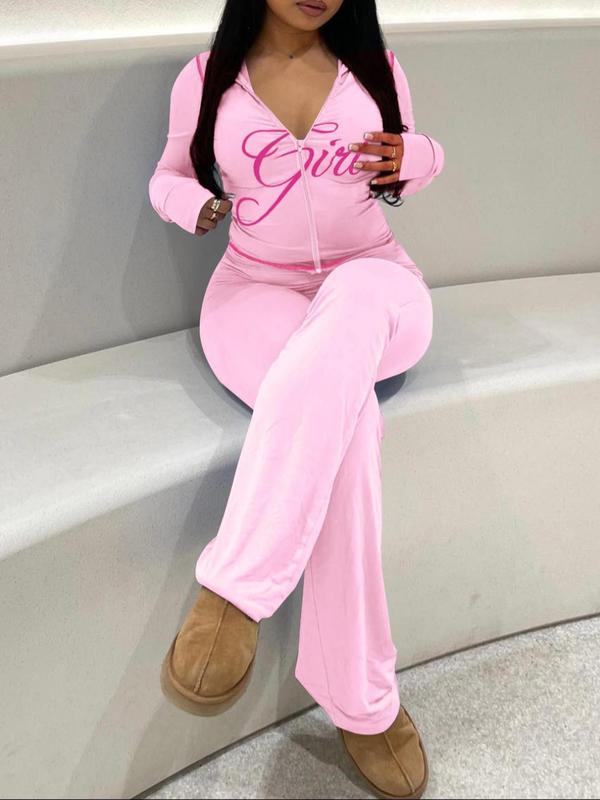 【LovelyWholesale】Women's Casual Sporty Cute Colorblock Print Zipper Design Top Flared Long Pants Set, Lovely Wholesale Us Fashion