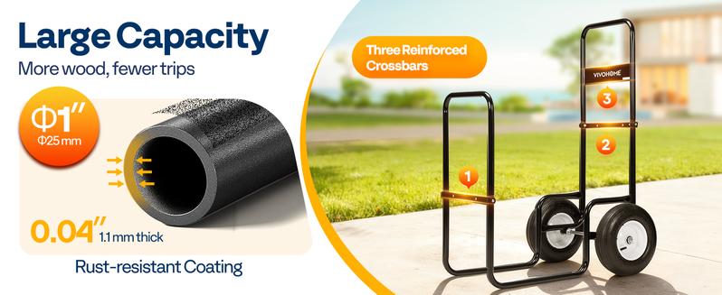 VIVOHOME Firewood Log Cart Carrier with Rubber Wheels and 600D Oxford Cloth, 250-300 LBS Capacity Heavy Duty Steel Dolly Hauler, Rolling Wood Rack Storage Mover for Easy Transport Indoor Outdoor Use