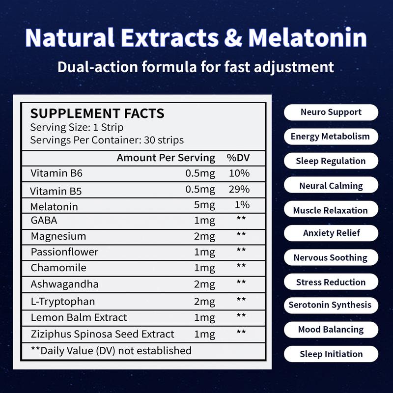 VLL Melatonin Fast-Melt Sleep Oral Strips – 5mg Melatonin Sleep Support | With L-Tryptophan, B6, B5, GABA | Sugar-Free | Blueberry Flavor | 30-Day Supply