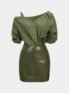 1 Spring Summer Off Shoulder Patchwork Mini Dress Women Lady | Shirt & Faux Leather Bodycon Short Dress | Y2K Baddie Edgy Style for Date Night Club Party Wear Womenswear