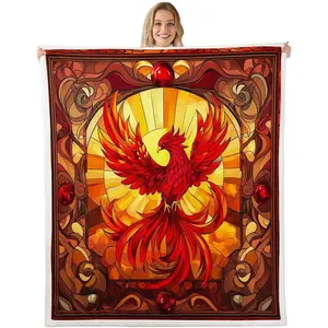 Flying Phoenix Kids Throw Blanket,American Phenix Western Birds Bed Blanket for Boys Girls,Geometric Abstract Patchwork Fleece Blanket,Red Brown Retro Fuzzy Blanket,Throw
