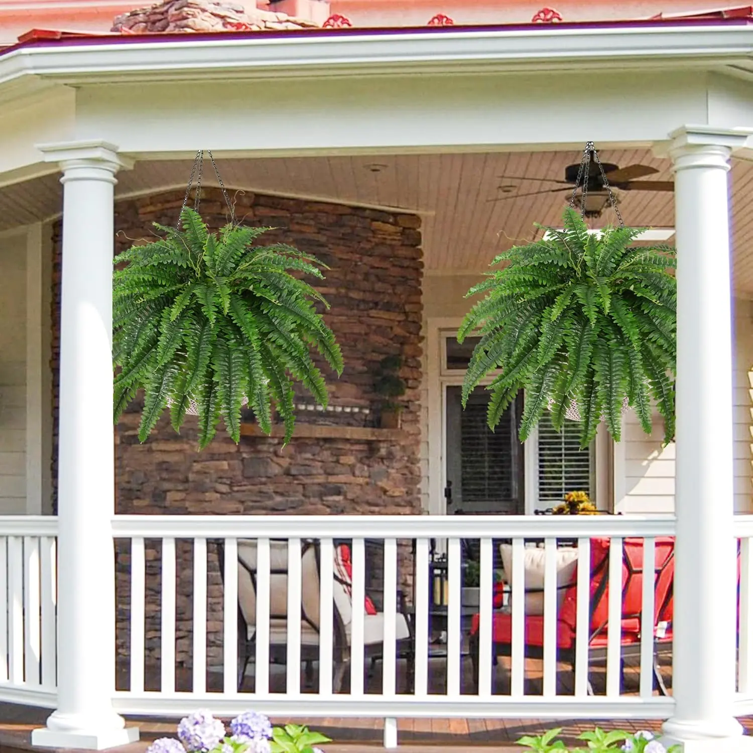 2 Set Artificial Hanging Fern Plants Outdoor Fake Hanging Ferns Planter,Artificial Hanging Plants Outdoor,2 Artificial Ferns with 65 Fronds,UV Resistant Fake Fern Faux Greenery for Outside Planter Patio Home Garden Decor