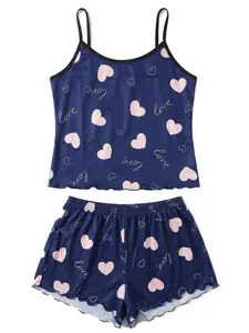 Women's Crop Top and Shorts Set, Blue Base Heart Print, Comfortable Fitted, Casual Two-Piece, Home & Outdoor Wear