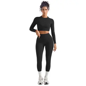 Women's Solid Backless Tracksuit Set Sleeves and Long Pants High-Waisted Tight Yoga Pants Long Sets
