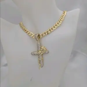 Cadena Cubana 004 with Dije de Cruz 873 Gold Plated Hip Hop Jewelry for Men and Women