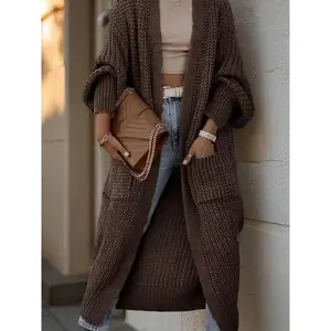 Women's long cardigan - off shoulder pocket sweater, autumn loose knit fabric, casual and fashionable long sleeved cover shirt (light brown) loose minimalism