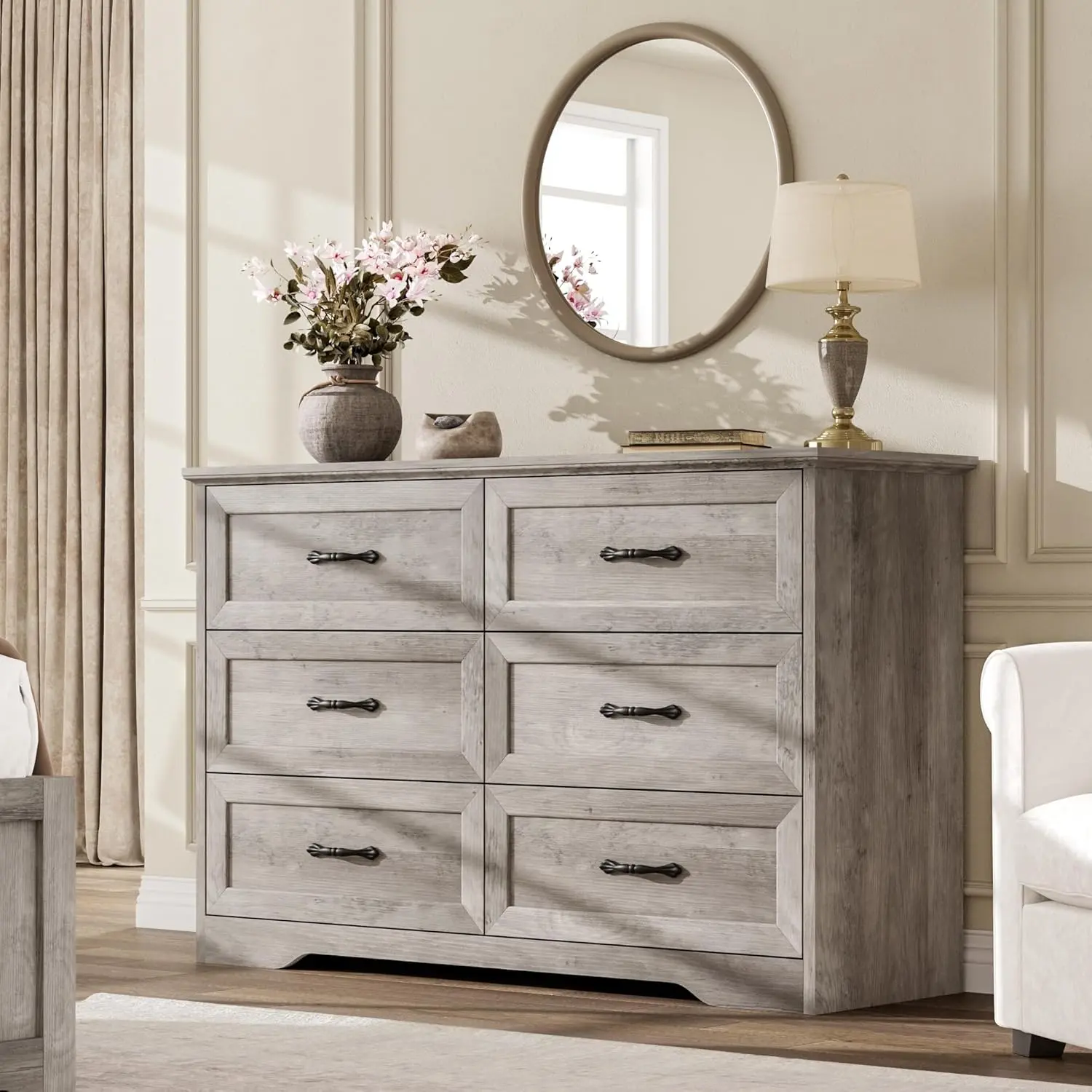 Farmhouse Horizontal Dresser - 47.2-in Wide Wooden Bedroom Dresser with 6 Double Drawers, Metal Handles, Stable Base, Modern Cabinet for Bedroom, Living Room, Dressers