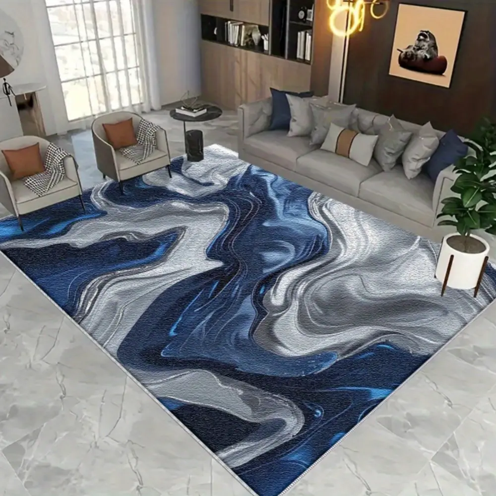 Modern Living Room Rug with Abstract Blue and White Design for Contemporary Home Decor Large Velvet Area Rug, Thick Soft Indoor Floor Mat, Non Slip Decorative Big Textile Carpet, Stylish Foot Mat for Living Room Bedroom Home Decor