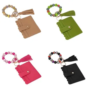 Women's Portable Ultra-Thin Card Wallet Silicone Beaded Bracelet Keychain Set